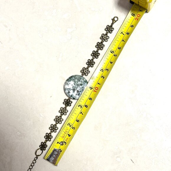 2/$20, Genuine White Green Tree Agate Bracelet, Gemstone + Antique Bronze Flower - Picture 8 of 12